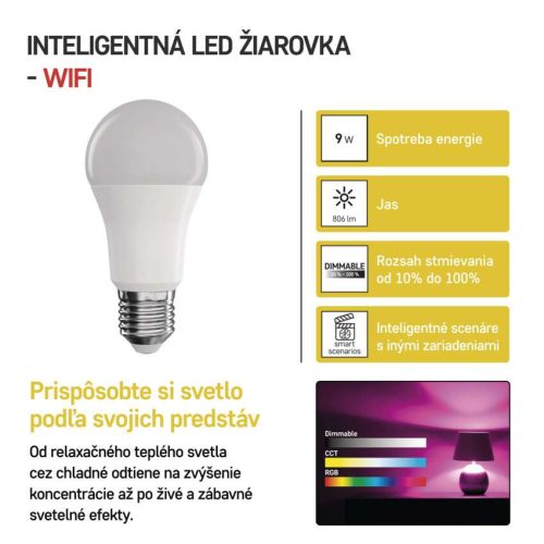 EMOS ZQW514R, LED izzó GoSmart A60 / E27 / 9 W (60 W) / 806 lm / RGB / dimmelhető / Wi-Fi
