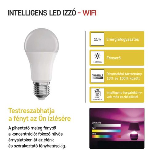 EMOS ZQW515R, LED izzó GoSmart A60 / E27 / 11 W (75 W) / 1 050 lm / RGB / dimmelhető / Wi-Fi