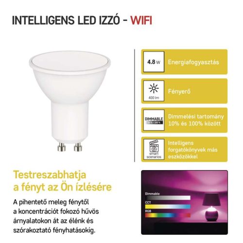 EMOS ZQW832R, LED izzó GoSmart MR16 / GU10 / 4,8 W (35 W) / 400 lm / RGB / dimmelhető / Wi-Fi