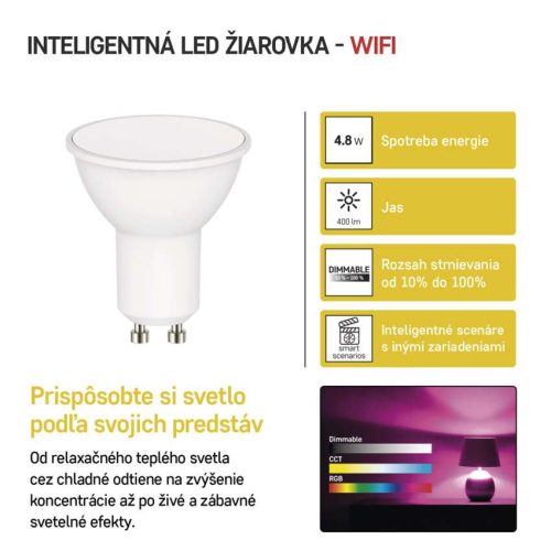 EMOS ZQW832R, LED izzó GoSmart MR16 / GU10 / 4,8 W (35 W) / 400 lm / RGB / dimmelhető / Wi-Fi