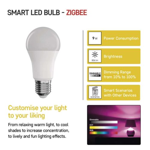 EMOS ZQZ514R, LED izzó GoSmart A60 / E27 / 9 W (60 W) / 806 lm / RGB / dimmelhető / Zigbee