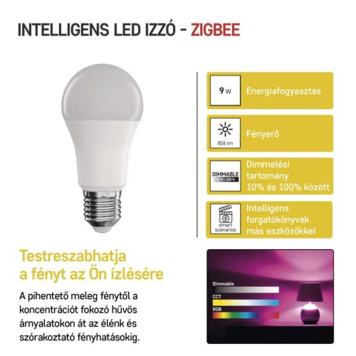 EMOS ZQZ514R, LED izzó GoSmart A60 / E27 / 9 W (60 W) / 806 lm / RGB / dimmelhető / Zigbee