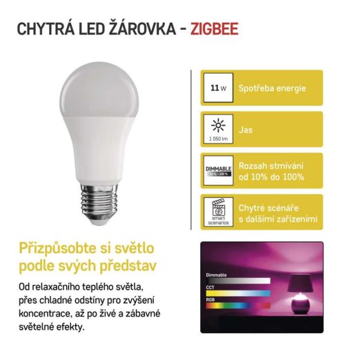 EMOS ZQZ515R, LED izzó GoSmart A60 / E27 / 11 W (75 W) / 1 050 lm / RGB / dimmelhető / Zigbee