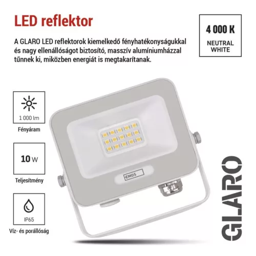 EMOS ZS2214W, LED reflektor GLARO 10W, fehér, IP65, 1000 lm, természetes fehér