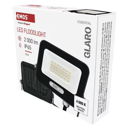 EMOS ZS2224B, LED reflektor GLARO 20W, fekete, IP65, 2000 lm, természetes fehér