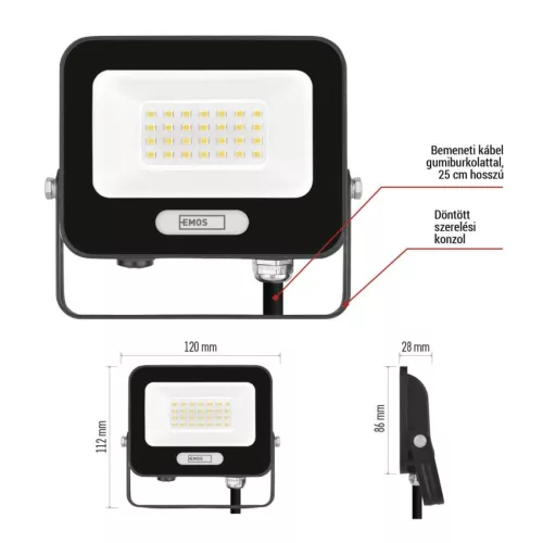 EMOS ZS2224B, LED reflektor GLARO 20W, fekete, IP65, 2000 lm, természetes fehér
