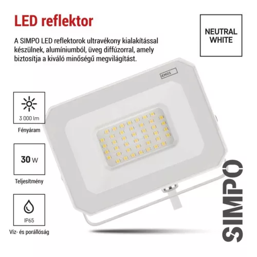 EMOS ZS2233W, LED reflektor SIMPO 30W, fehér, IP65, 3000 lm, természetes fehér
