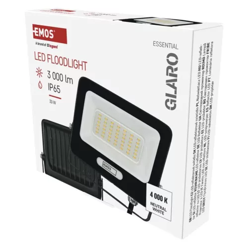 EMOS ZS2234B, LED reflektor GLARO 30W, fekete, IP65, 3000 lm, természetes fehér