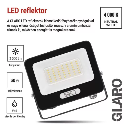 EMOS ZS2234B, LED reflektor GLARO 30W, fekete, IP65, 3000 lm, természetes fehér