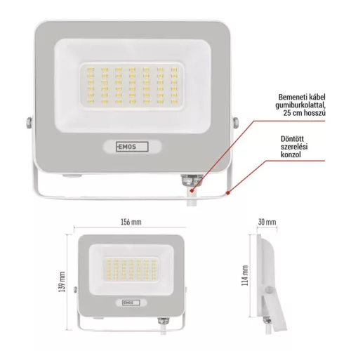 EMOS ZS2234W, LED reflektor GLARO 30W, fehér, IP65, 3000 lm, természetes fehér