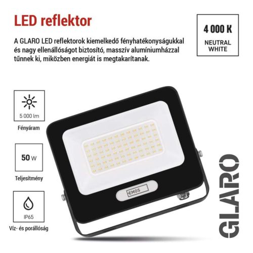 EMOS ZS2244B, LED reflektor GLARO 50W, fekete, IP65, 5000 lm, természetes fehér