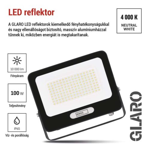 EMOS ZS2254B, LED reflektor GLARO 100W, fekete, IP65, 10000 lm, természetes fehér