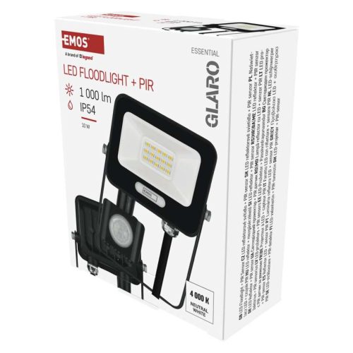 EMOS ZS2314B, LED reflektor GLARO PIR 10 W, fekete, IP54, 1000 lm, természetes fehér