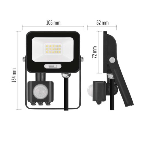 EMOS ZS2314B, LED reflektor GLARO PIR 10 W, fekete, IP54, 1000 lm, természetes fehér