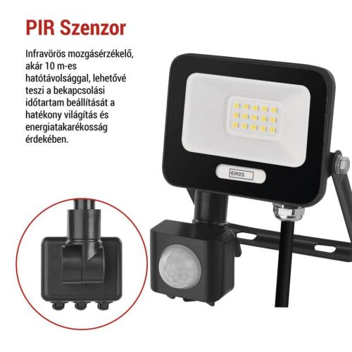 EMOS ZS2314B, LED reflektor GLARO PIR 10 W, fekete, IP54, 1000 lm, természetes fehér