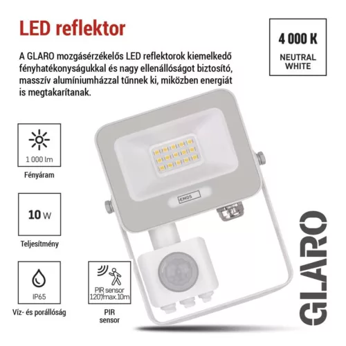 EMOS ZS2314W, LED reflektor GLARO PIR 10 W, fehér, IP54, 1000 lm, természetes fehér