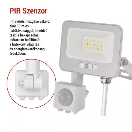 EMOS ZS2314W, LED reflektor GLARO PIR 10 W, fehér, IP54, 1000 lm, természetes fehér