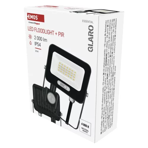 EMOS ZS2324B, LED reflektor GLARO PIR 20 W, fekete, IP54, 2000 lm, természetes fehér
