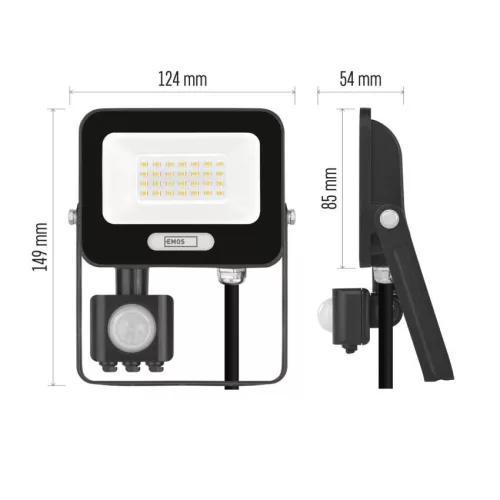 EMOS ZS2324B, LED reflektor GLARO PIR 20 W, fekete, IP54, 2000 lm, természetes fehér
