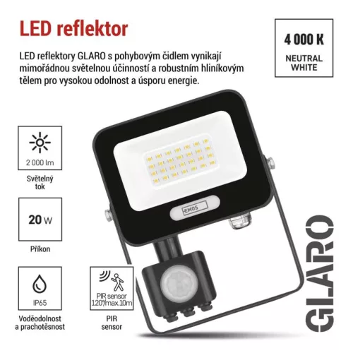EMOS ZS2324B, LED reflektor GLARO PIR 20 W, fekete, IP54, 2000 lm, természetes fehér