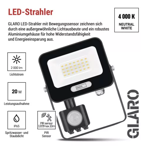 EMOS ZS2324B, LED reflektor GLARO PIR 20 W, fekete, IP54, 2000 lm, természetes fehér