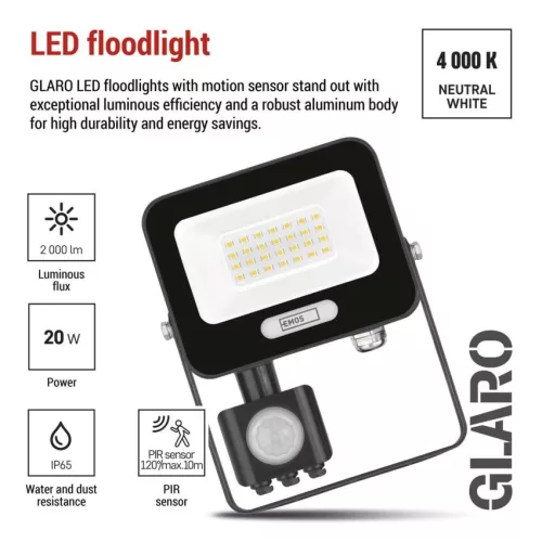 EMOS ZS2324B, LED reflektor GLARO PIR 20 W, fekete, IP54, 2000 lm, természetes fehér