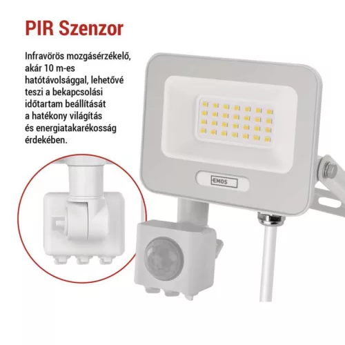 EMOS ZS2324W, LED reflektor GLARO PIR 20 W, fehér, IP54, 2000 lm, természetes fehér