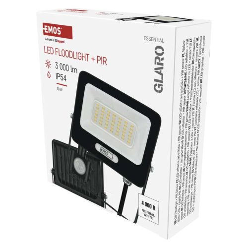EMOS ZS2334B, LED reflektor GLARO PIR 30 W, fekete, IP54, 3000 lm, természetes fehér