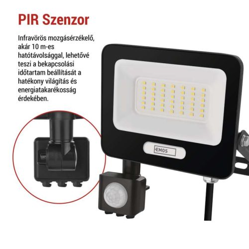 EMOS ZS2334B, LED reflektor GLARO PIR 30 W, fekete, IP54, 3000 lm, természetes fehér