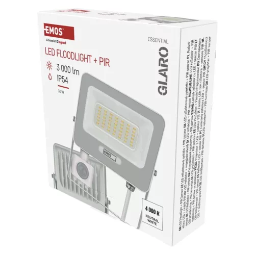 EMOS ZS2334W, LED reflektor GLARO PIR 30 W, fehér, IP54, 3000 lm, természetes fehér