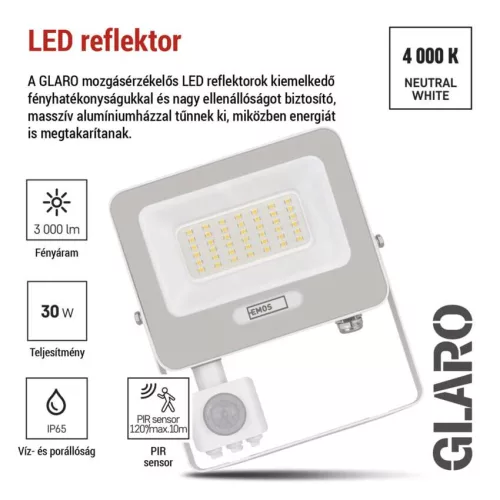 EMOS ZS2334W, LED reflektor GLARO PIR 30 W, fehér, IP54, 3000 lm, természetes fehér