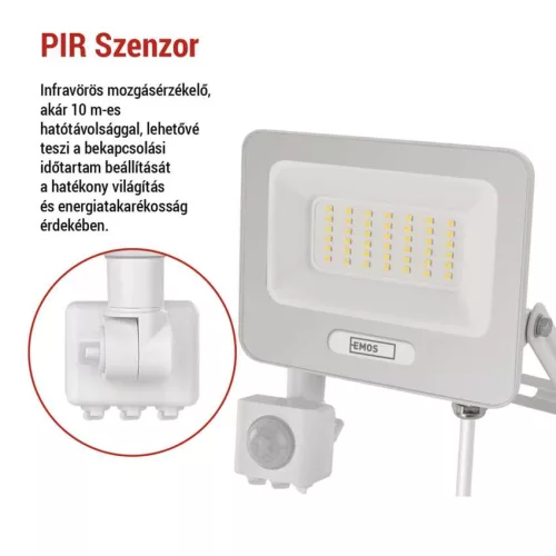 EMOS ZS2334W, LED reflektor GLARO PIR 30 W, fehér, IP54, 3000 lm, természetes fehér