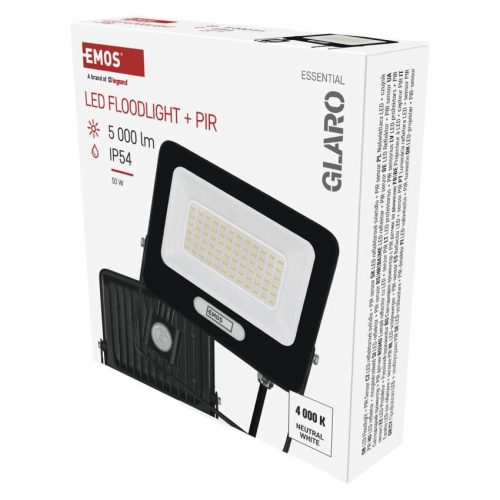 EMOS ZS2344B, LED reflektor GLARO PIR 50 W, fekete, IP54, 5000 lm, természetes fehér