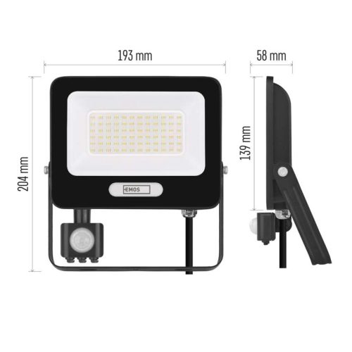 EMOS ZS2344B, LED reflektor GLARO PIR 50 W, fekete, IP54, 5000 lm, természetes fehér