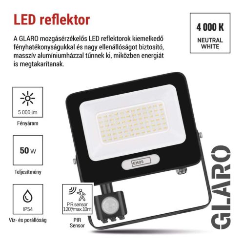 EMOS ZS2344B, LED reflektor GLARO PIR 50 W, fekete, IP54, 5000 lm, természetes fehér