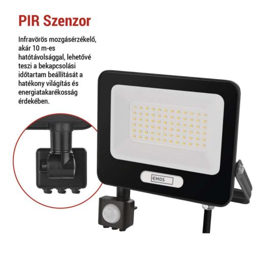 EMOS ZS2344B, LED reflektor GLARO PIR 50 W, fekete, IP54, 5000 lm, természetes fehér