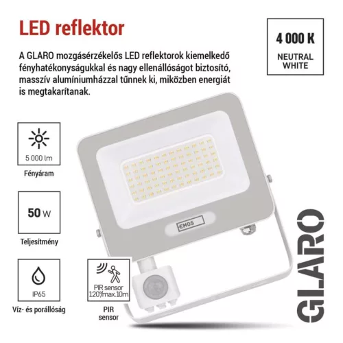 EMOS ZS2344W, LED reflektor GLARO PIR 50 W, fehér, IP54, 5000 lm, természetes fehér