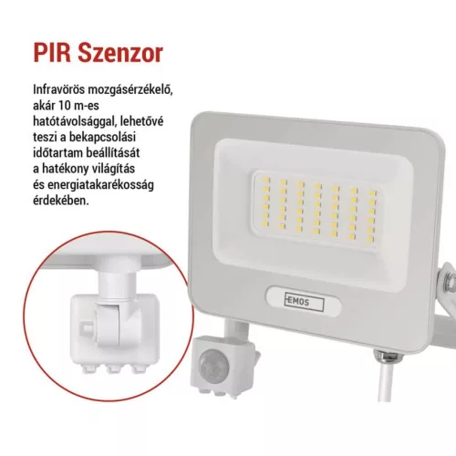 EMOS ZS2344W, LED reflektor GLARO PIR 50 W, fehér, IP54, 5000 lm, természetes fehér