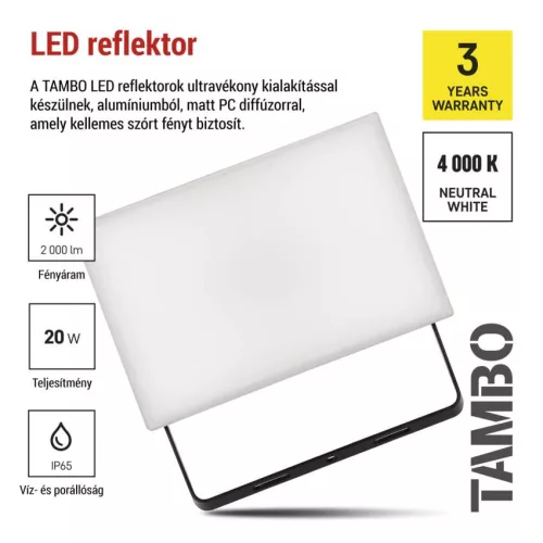 EMOS ZS2522, LED-es reflektor TAMBO, 20 W, 2000 lm, IP65, fekete