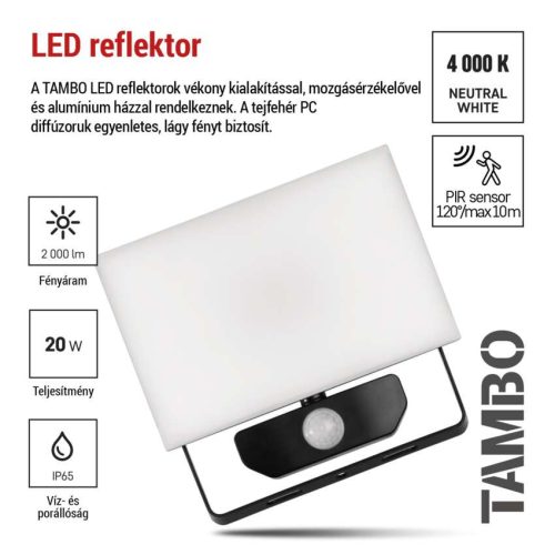 EMOS ZS2922, LED-es reflektor TAMBO mozgásérzékelővel, 20 W, 2000 lm, fekete