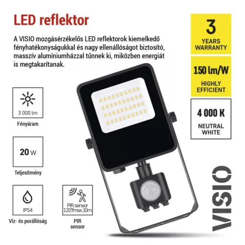 EMOS ZS2923, EMOS VISIO LED reflektor 20 W mozgásérzékelővel IP54 term. fehér
