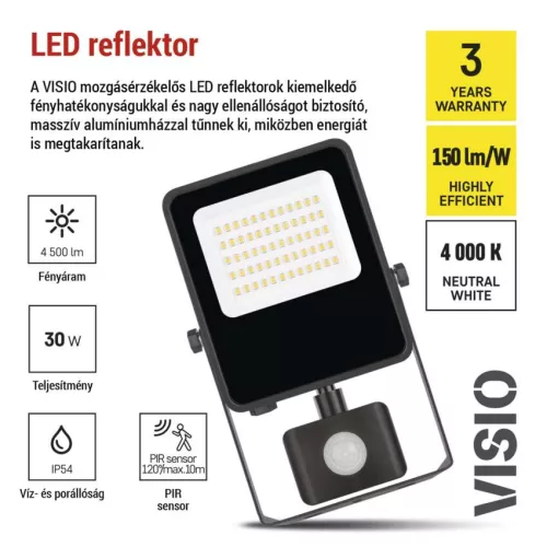 EMOS ZS2933, EMOS VISIO LED reflektor 30 W mozgásérzékelővel IP54 term. fehér