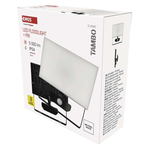 EMOS ZS2942, LED-es reflektor TAMBO mozgásérzékelővel, 50 W, 5000 lm, fekete