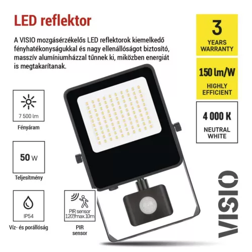 EMOS ZS2943, EMOS VISIO LED reflektor 50 W mozgásérzékelővel IP54 term. fehér