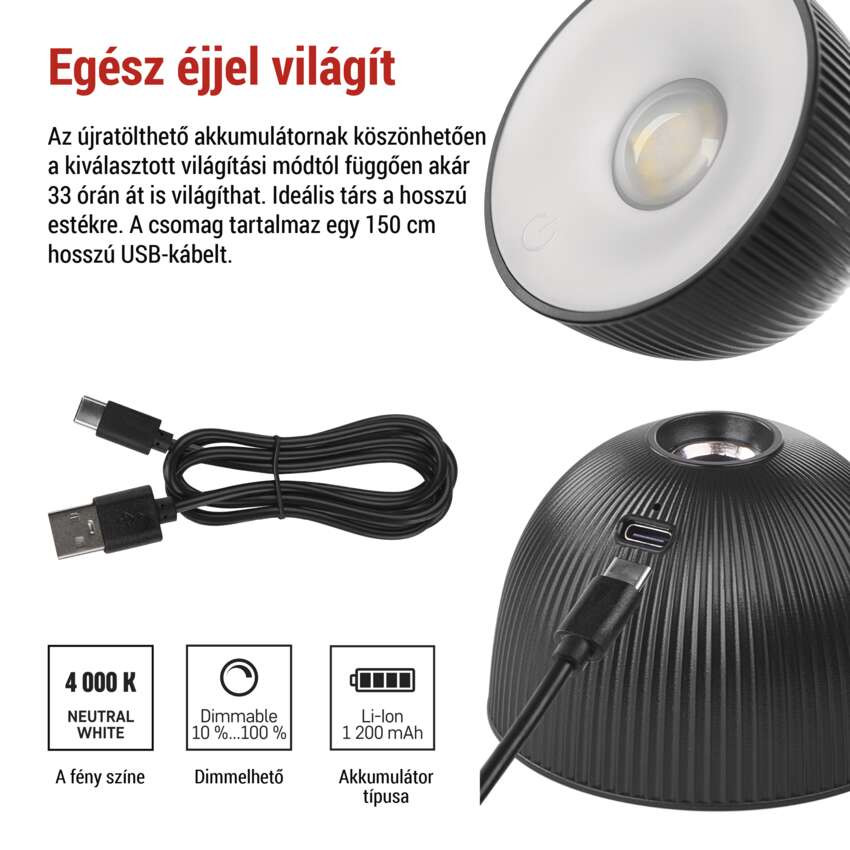 EMOS Z7635B, Sophie LED asztali lámpa, újratölthető, fekete – 6. kép