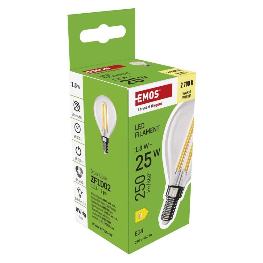 EMOS ZF1D02, LED izzó Filament Mini Globe / E14 / 1,8 W (25 W) / 250 lm / Meleg fehér – 7. kép