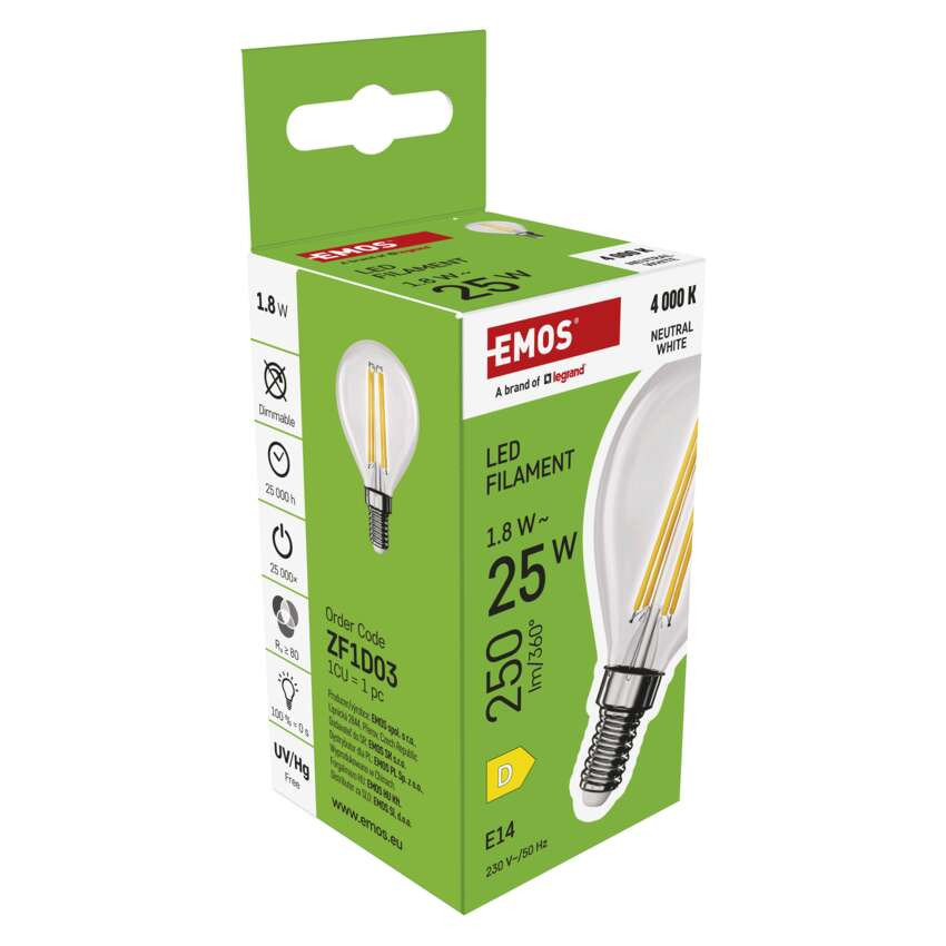 EMOS ZF1D03, LED izzó Filament Mini Globe / E14 / 1,8 W (25 W) / 250 lm / Természetes fehér – 7. kép