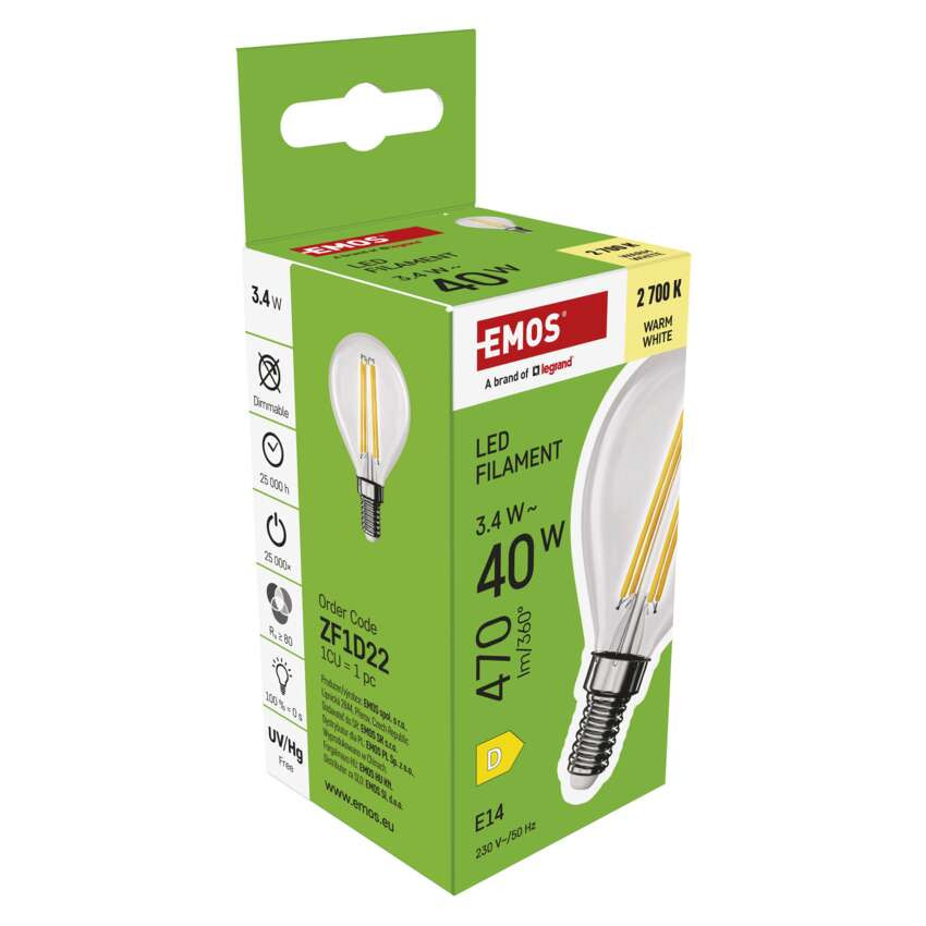 EMOS ZF1D22, LED izzó Filament Mini Globe / E14 / 3,4 W (40 W) / 470 lm / Meleg fehér – 7. kép