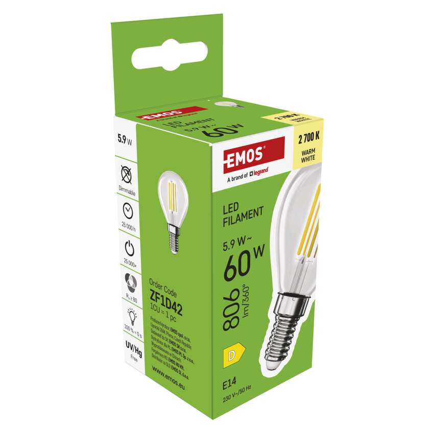 EMOS ZF1D42, LED izzó Filament Mini Globe / E14 / 5,9 W (60 W) / 806 lm / Meleg fehér – 7. kép